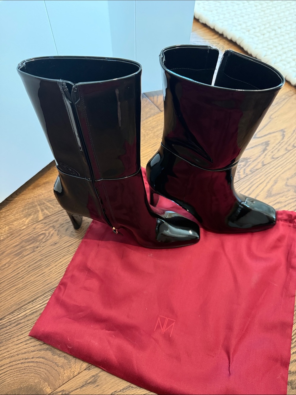 Tamara Mellon Black Patent Mid-Calf Heeled Boots